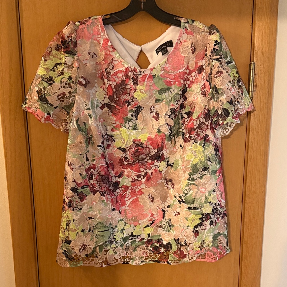 Susan Graver Occasions Women’s Printed Lace Short Sleeve Top Blouse Medium